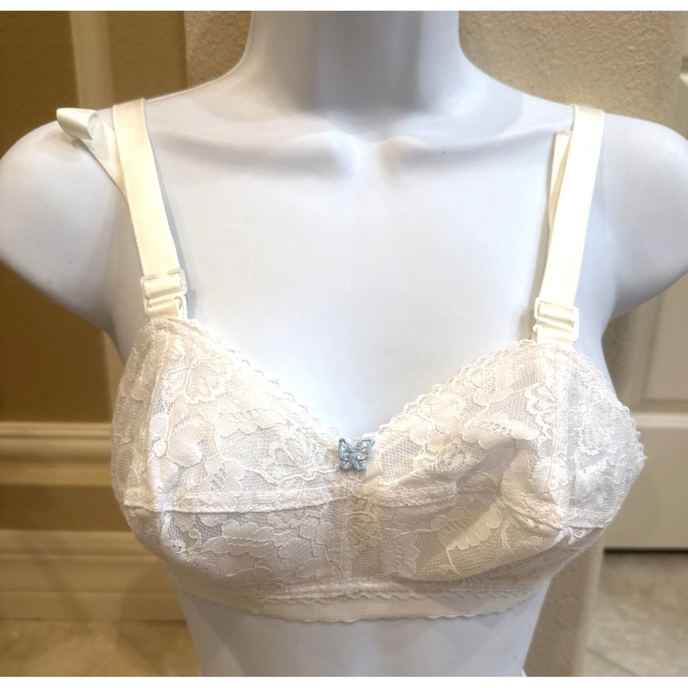 Vtg New 28BB LADY CAMEO Floral‎ Bullet BRA White Lace Pointed Cups Wireless USA